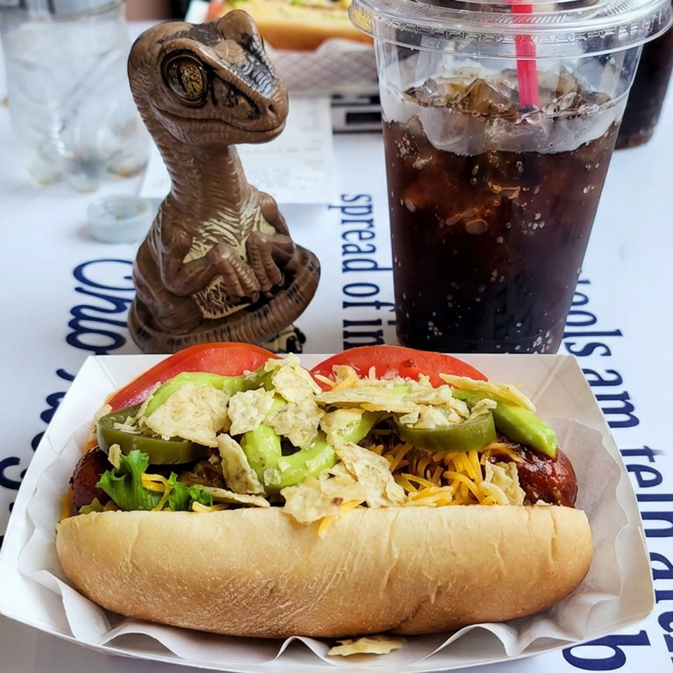 Loaded hot dog with avocado, tomatoes, shredded cheese, and crispy toppings beside an iced cola and dinosaur figurine.